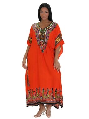 Advance Apparels Orange Embroidered Maxi Dress with Multicolor Trim